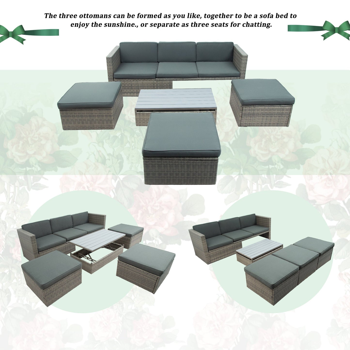 Patio Furniture Sets, 5-Piece Patio Wicker Sofa With Adustable Backrest, Cushions, Ottomans and Lift Top Coffee Table