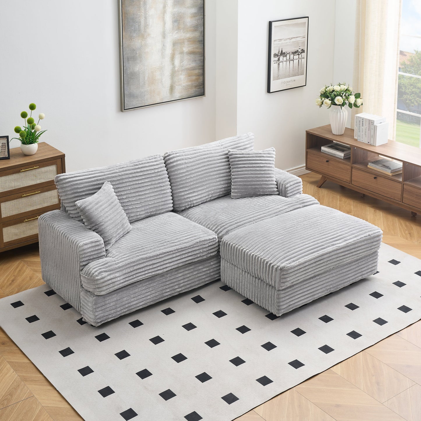 82 Inches Gray Corduroy Sofa, Storage Feet +4 Throw Pillows, Create a Living Room, Office Fashion New Darling