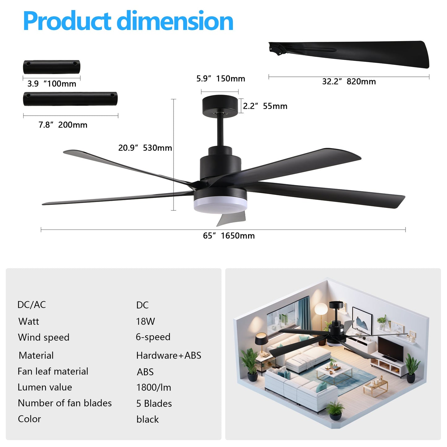 65 Inch Black Ceiling Fan With Light, 5-Blade Dimmable LED Ceiling Fan With Remote Control, Modern Quiet Design