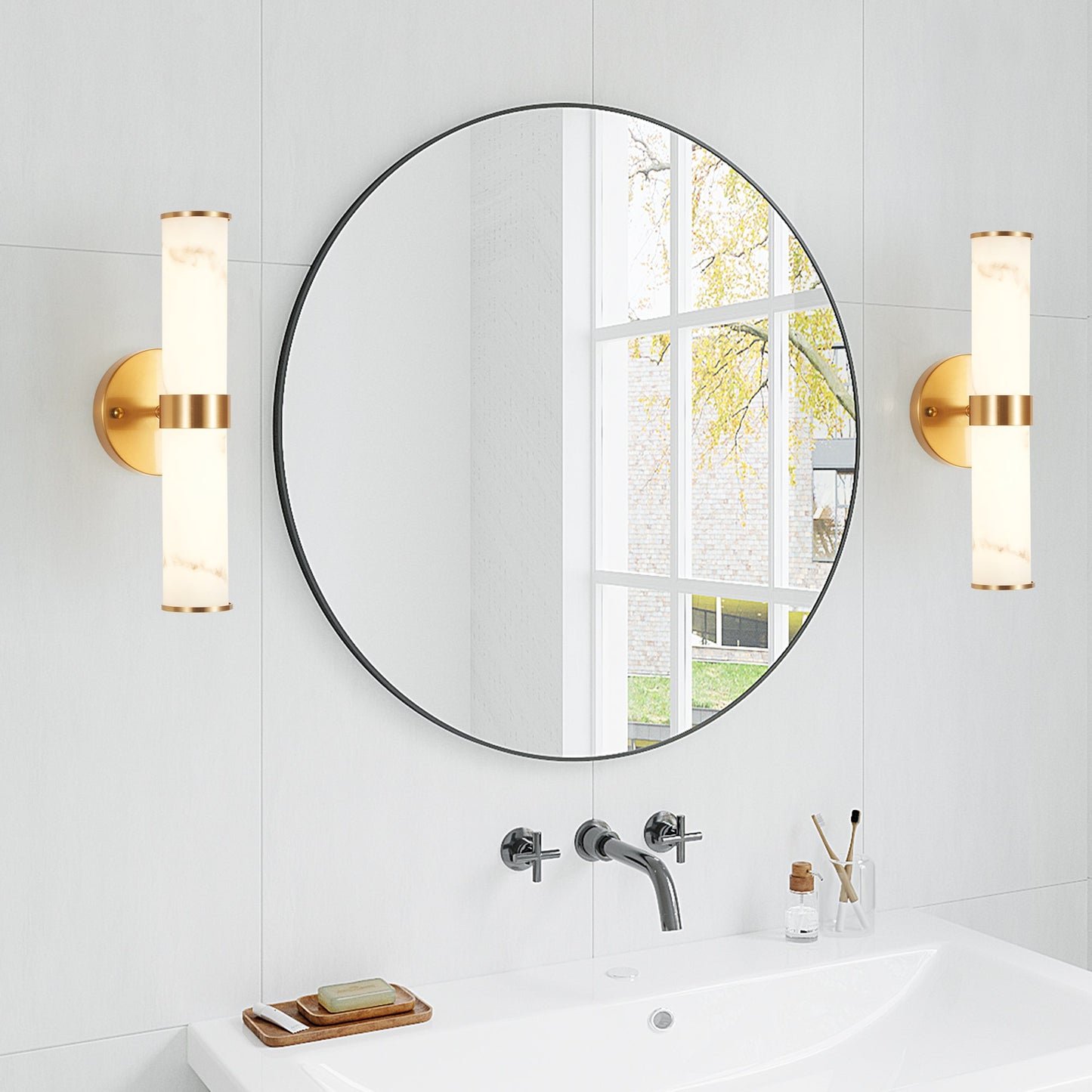 Golden and Elegant Resin Wall Sconce,Set of 2,Modern Vertical Light Fixture for Bathrooms, Hallways, and Bedrooms