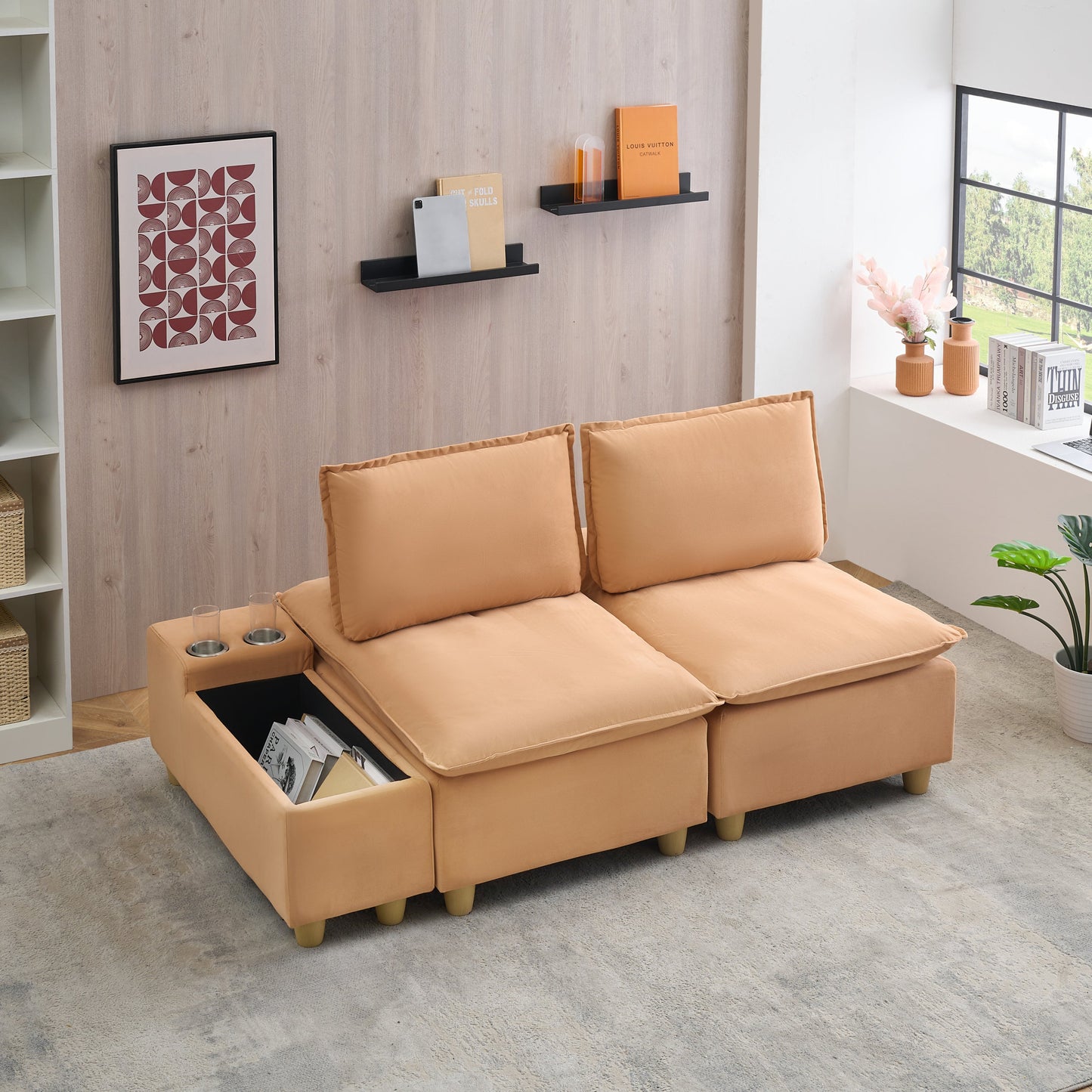 74-Inch Fashionable and Minimalist Double-Seater Pumpkin-Colored Flannel Sofa With Cup Holders, an Adjustable Backrest