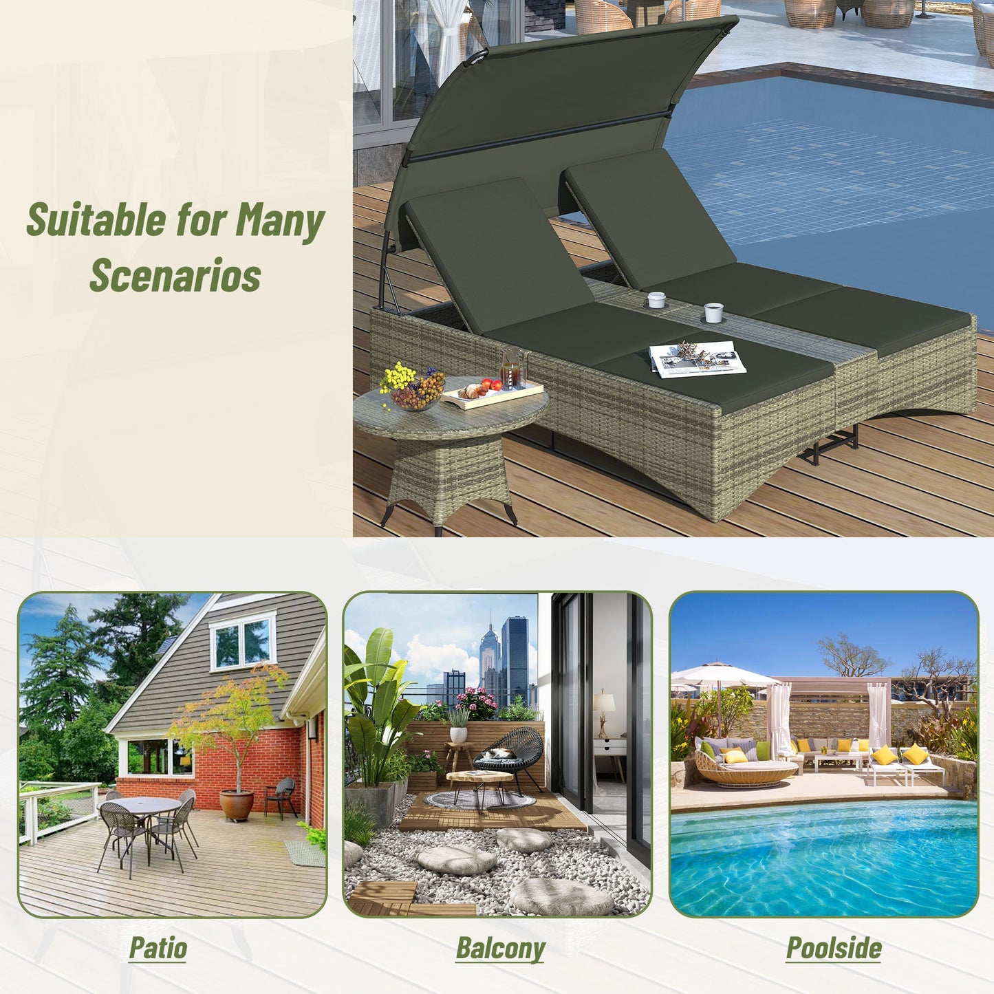 Patio Daybed Outdoor Daybed Outdoor Rattan Sun Lounger With Shelter Roof With Adjustable Backrest, Storage Box
