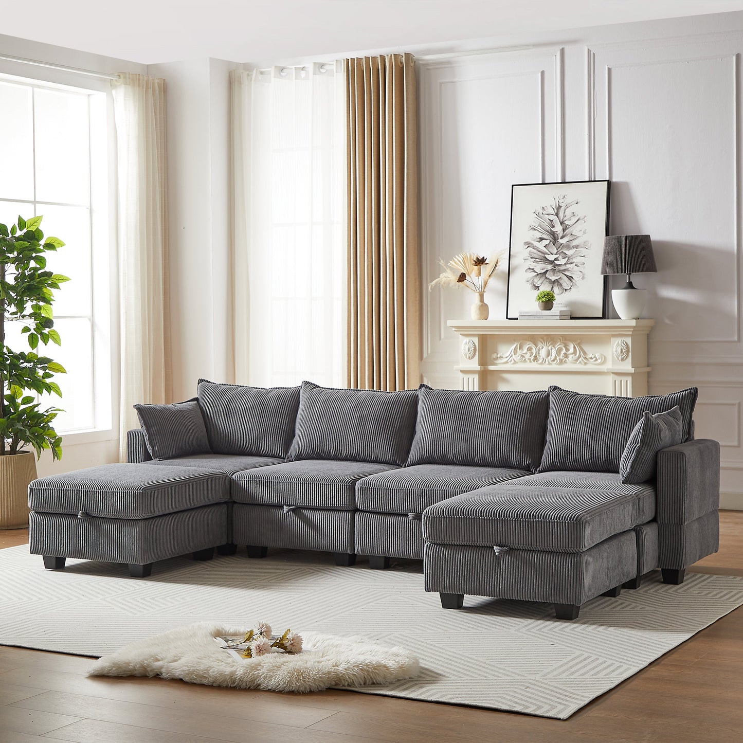 113.5'' Modular Sectiona Corduroy Sofa, Sectional Couches for Living Room U Shaped Sectional Couch With Storage Ottoman