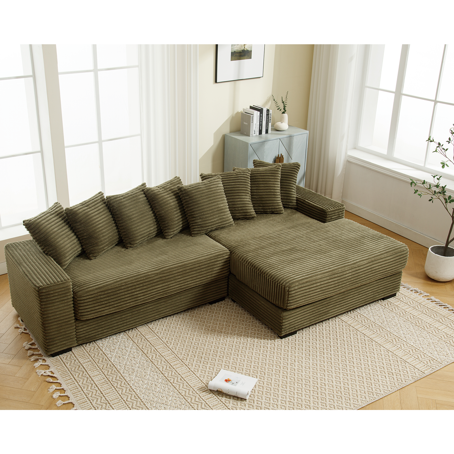 Oversized Two-Piece Couches, L Shaped Sofa, Corduroy, Right Chaise Daybed,with Armrests,Eight Throw Pillows,Corner Sofa