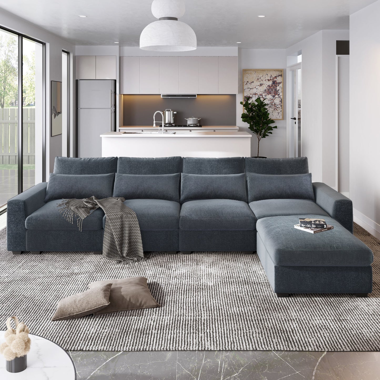 Modern Large L-Shape Feather Filled Sectional Sofa, Convertible Sofa Couch