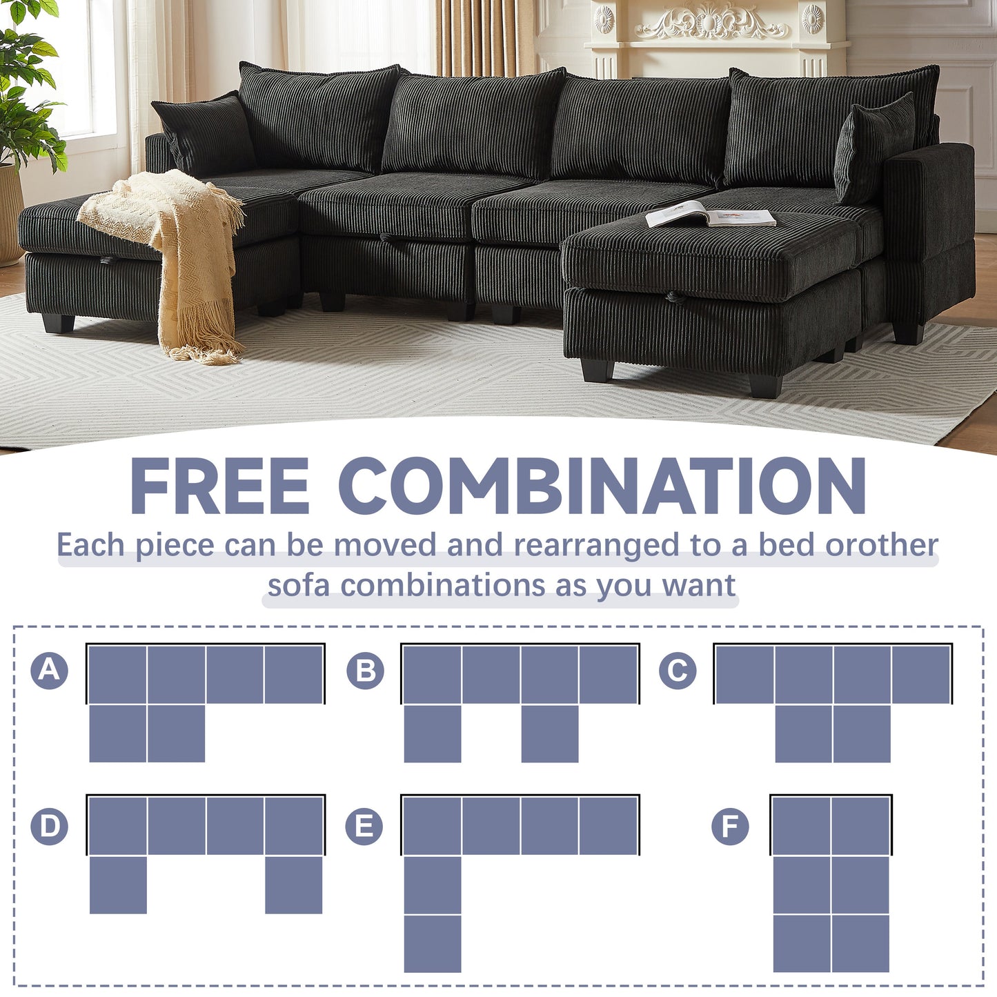 113.5'' Modular Sectiona Corduroy Sofa, Sectional Couches for Living Room U Shaped Sectional Couch With Storage Ottoman