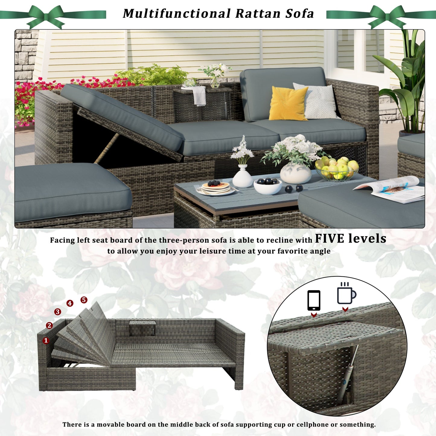 Patio Furniture Sets, 5-Piece Patio Wicker Sofa With Adustable Backrest, Cushions, Ottomans and Lift Top Coffee Table