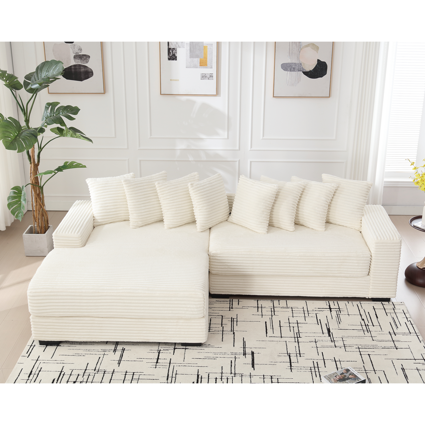 Oversized Two-Piece Couches, L Shaped Sofa, Corduroy, Left Chaise Daybed,with Armrests,Eight Throw Pillows,Corner Sofa