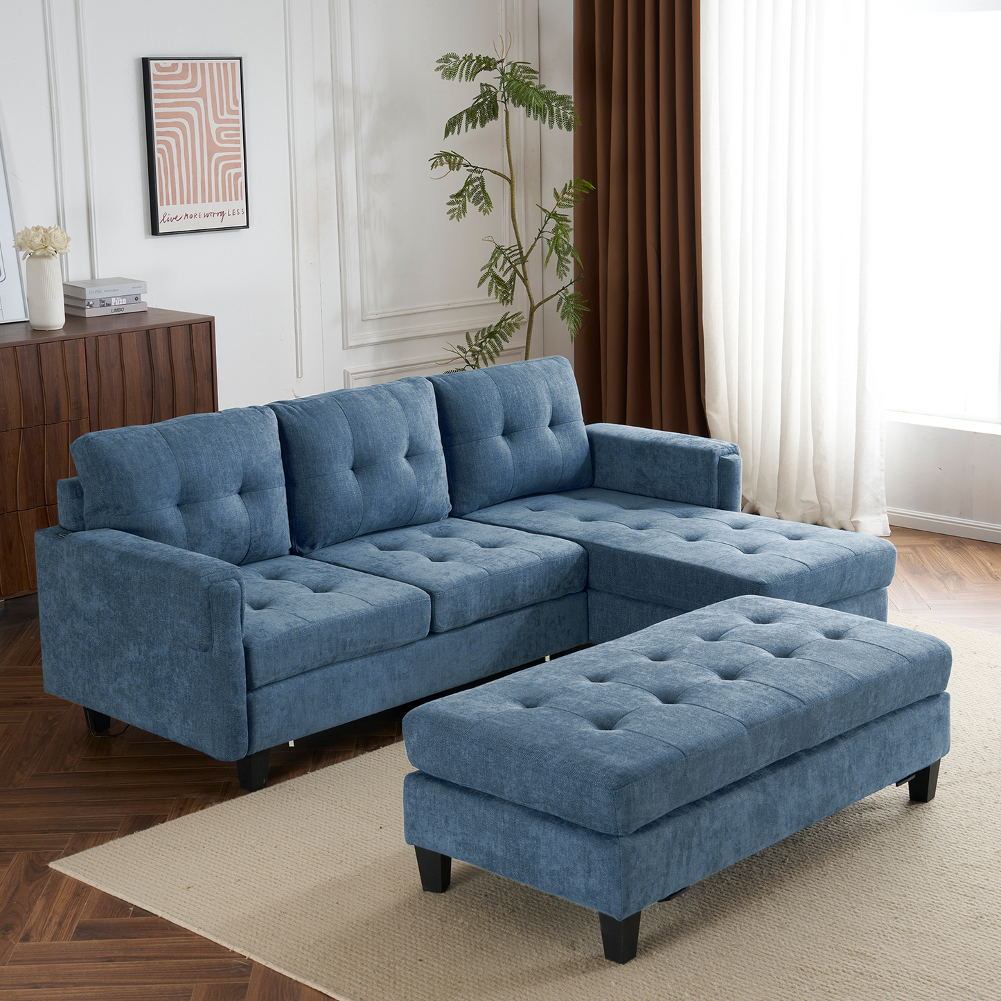 83.4" L-Shaped Sofa Sectional Couch Sofa Bed With Two USB Ports, a Movable Ottoman and a Reversible Chaise Lounge
