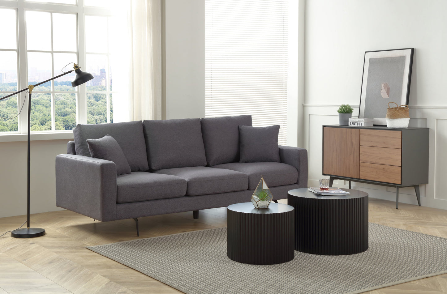 Modern Grey Three-Seat Sofa With Thick Sponge and Two Pillows, 87.40inch