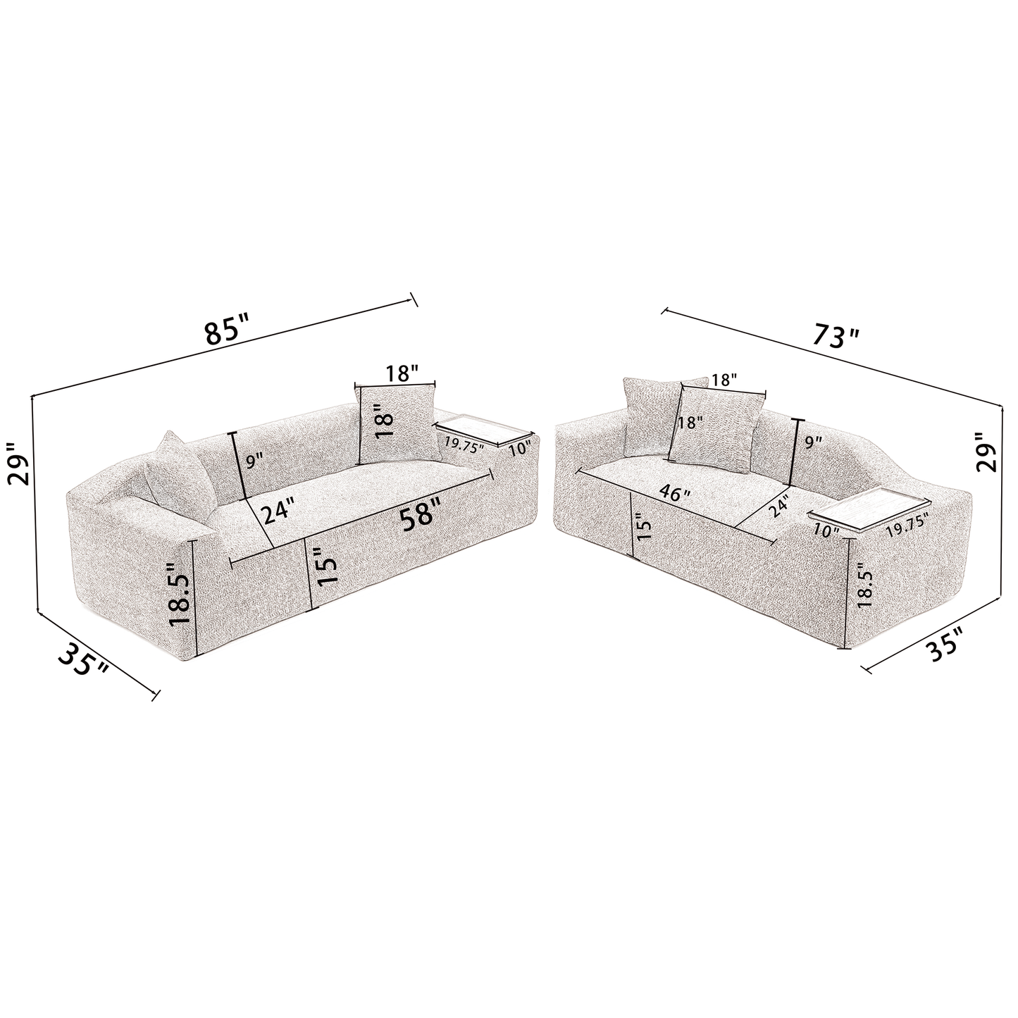 2 Piece Boucle Cloud Sofa Set, Upholstered Sofa Set, Modern 3 Seater and 2 Seater Sofa With MDF End Table for Living Room