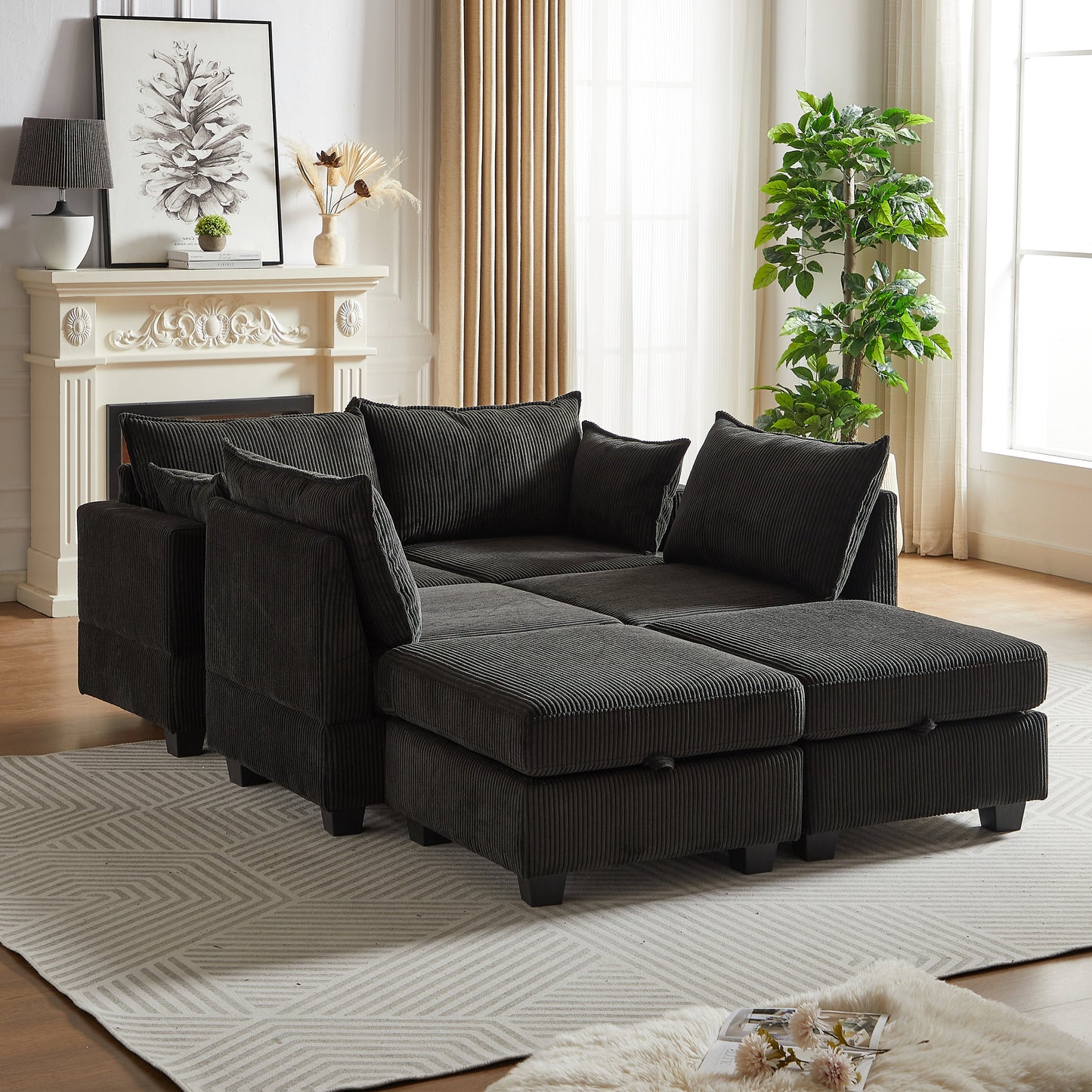113.5'' Modular Sectiona Corduroy Sofa, Sectional Couches for Living Room U Shaped Sectional Couch With Storage Ottoman