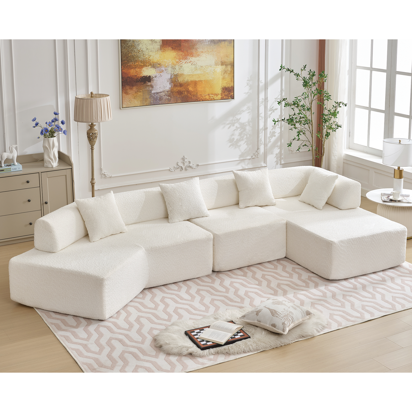 Modern Minimalist 140" L-Shape Couch ,No Assembly Required,Boucle,Modular Sofa ,Couch With Chaise