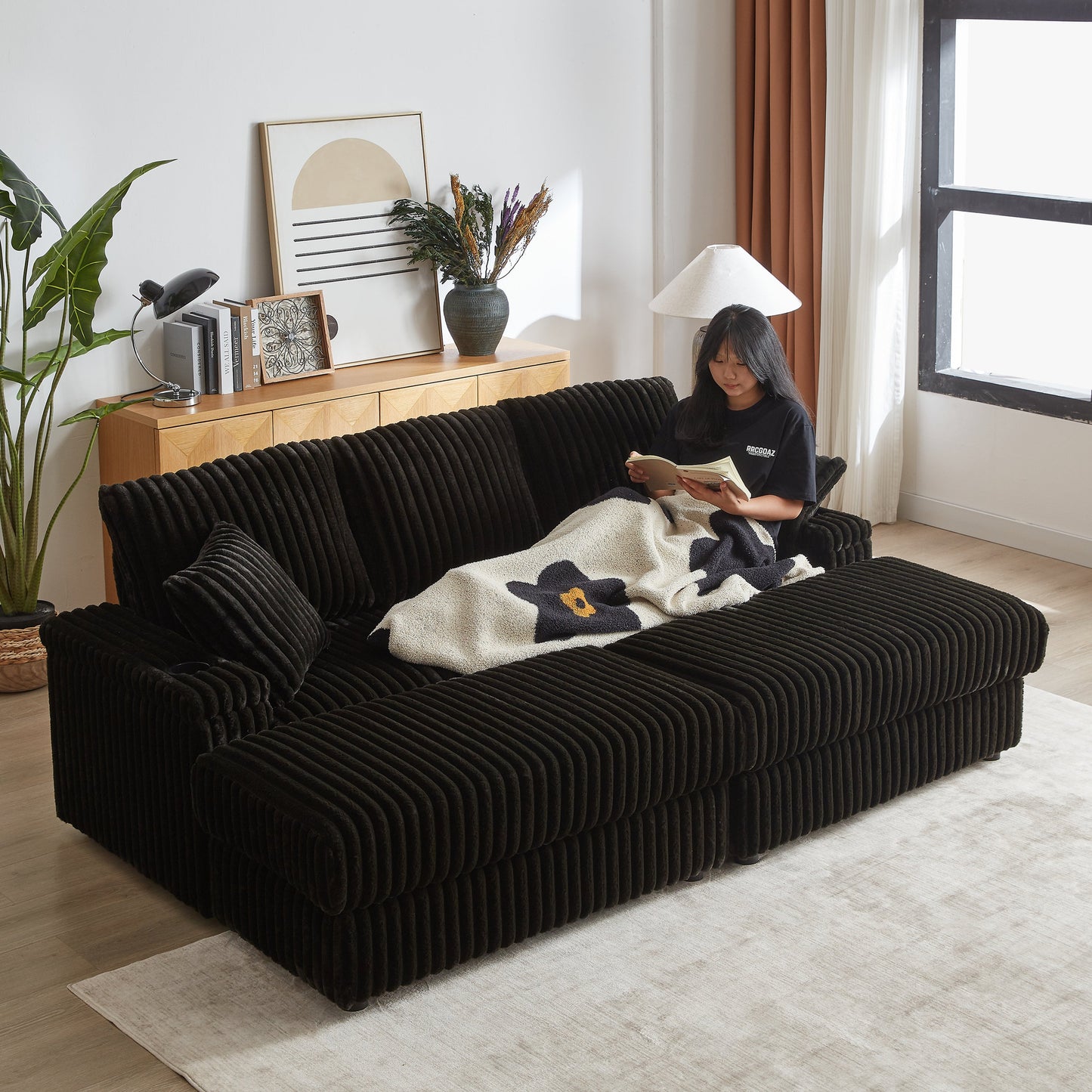 84Inch Corduroy 3-Seater Sofa With 3 Back Pillows ,2 Toss Pillows , a Ottoman ,2storage Spaces and Cup-Holding Grooves