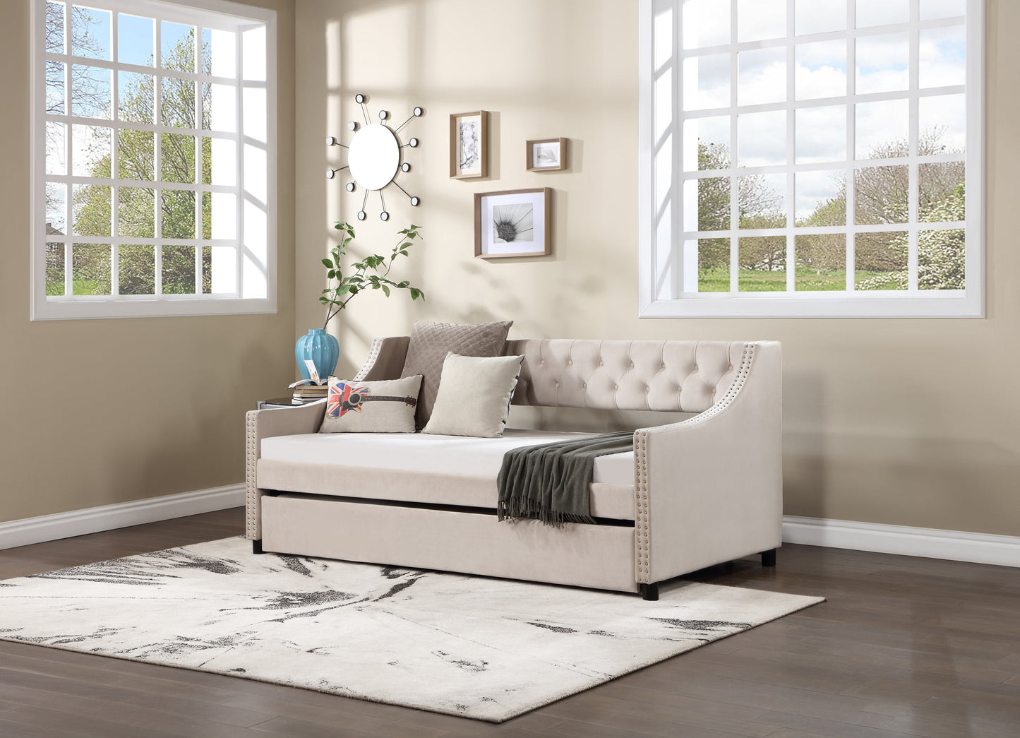 Daybed With Trundle Upholstered Tufted Sofa Bed, With Button and Copper Nail on Arms Full Size Beige