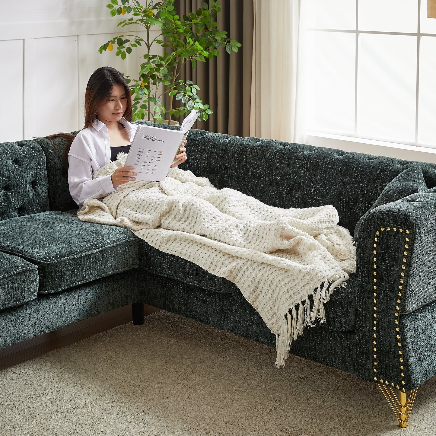 81.5-Inch Chenille Corner Sofa , L-Shaped Sectional Couch, 5-Seater Corner Sofas With 3 Cushions for Living Room, Bedroom