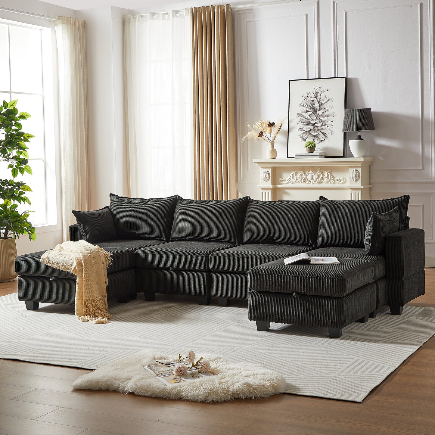 113.5'' Modular Sectiona Corduroy Sofa, Sectional Couches for Living Room U Shaped Sectional Couch With Storage Ottoman
