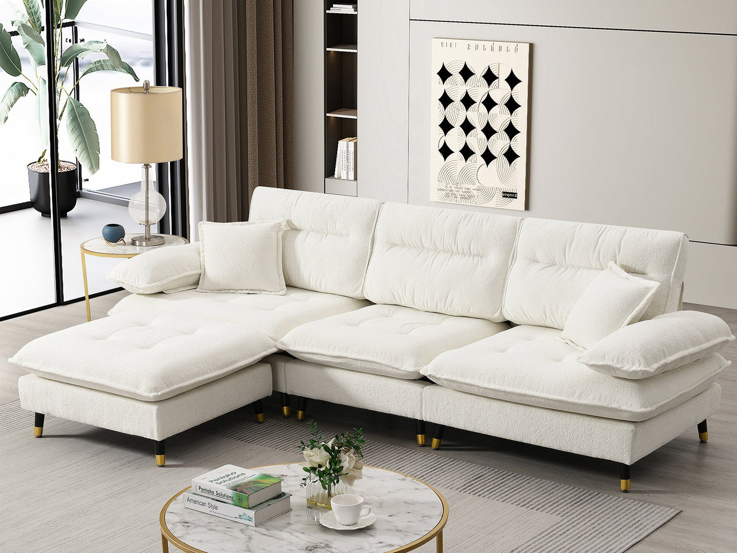 106*66.5" L Shaped Convertible Sectional Sofa,4 Seat Tufted Couch Set With Two-Tone Adjust Legs,Cloud Chenille Fabric