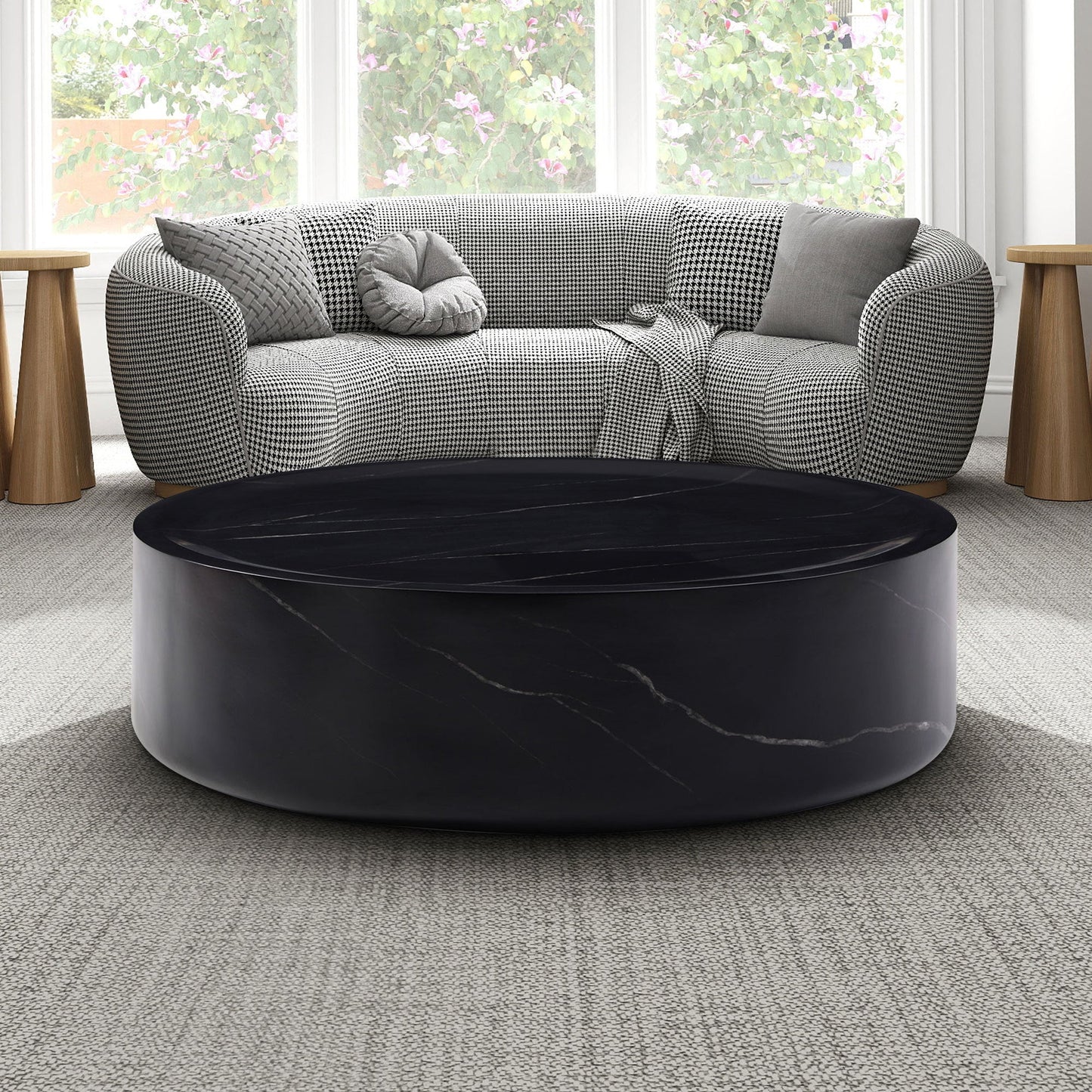 39.37'' Black Marble Round Coffee Table Sturdy Fiberglass Table for Living Room ,No Need Assembly