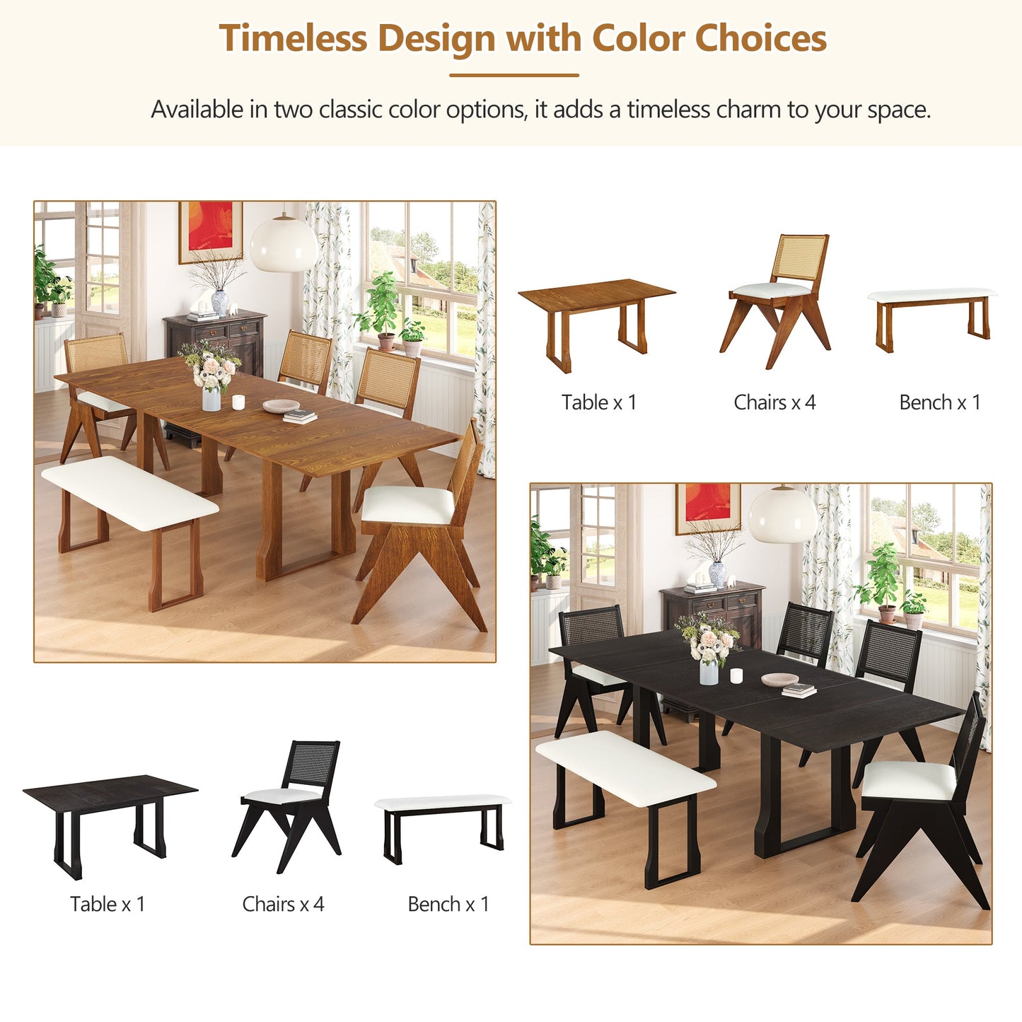 Modern 6-Piece 82.7inch Extendable Dining Table Set With 4 Wicker Back Upholstered Dining Chairs and Long Bench