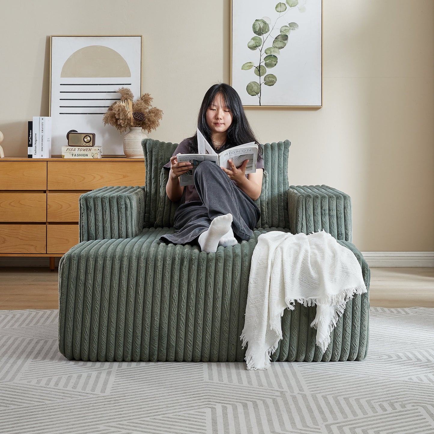 62.5-Inch Corduroy Sponge Sofa Lounge Chair,No Assembly Required,Fluffy Modern Sleeper Chair for Indoor Living Room