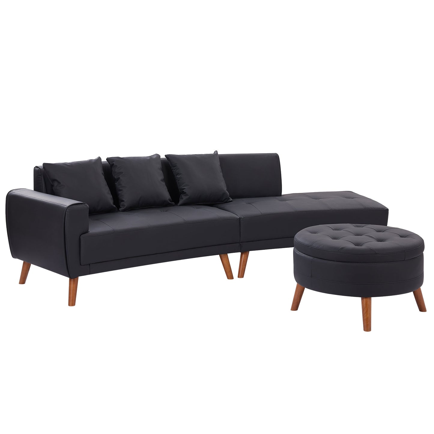 107" Contemporary Sofa Stylish Sofa Couch With a Round Storage Ottoman and Three Removable Pillows for Living Room, Black