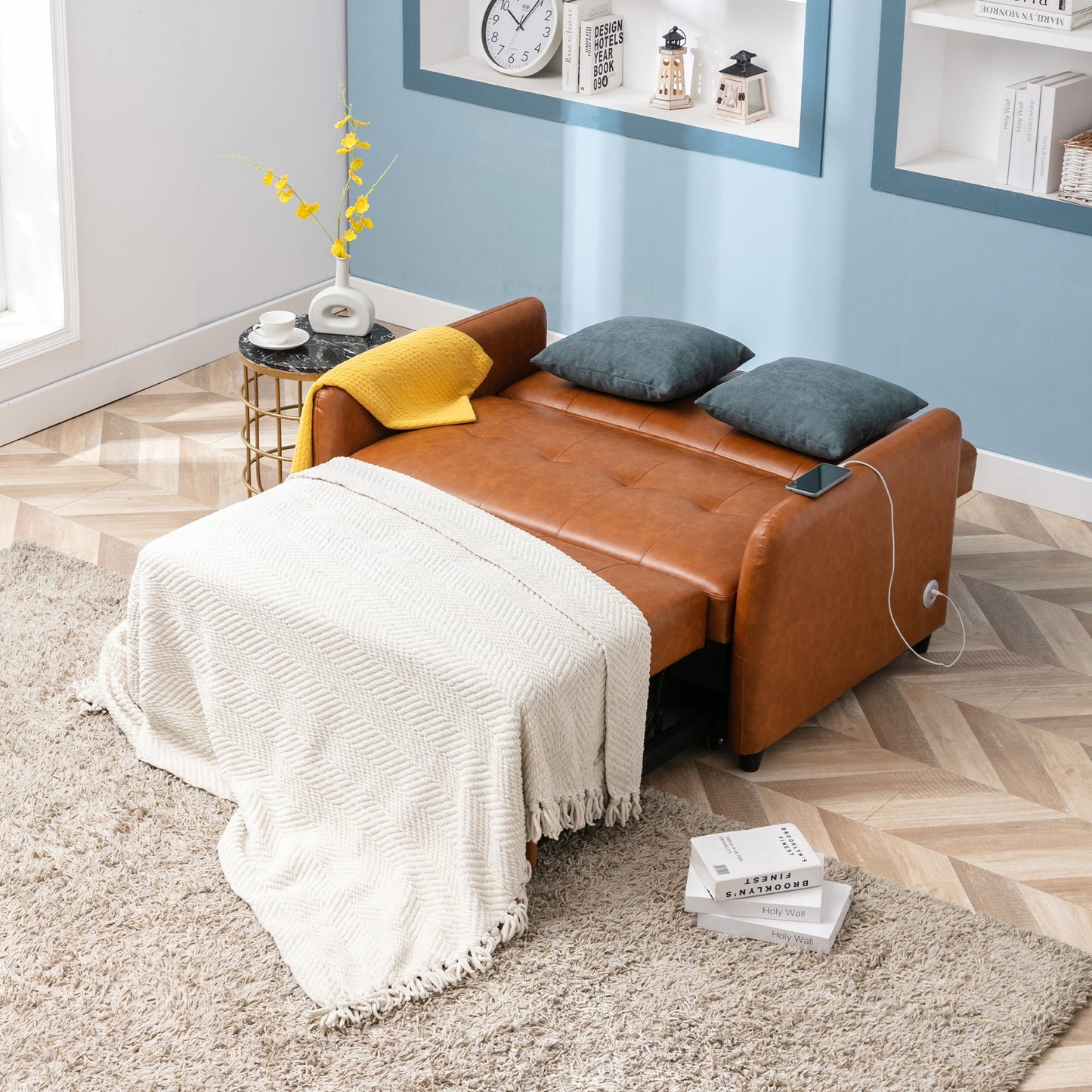 51" Convertible Sleeper Bed, Adjustable Oversized Armchair With Dual USB Ports for Small Space