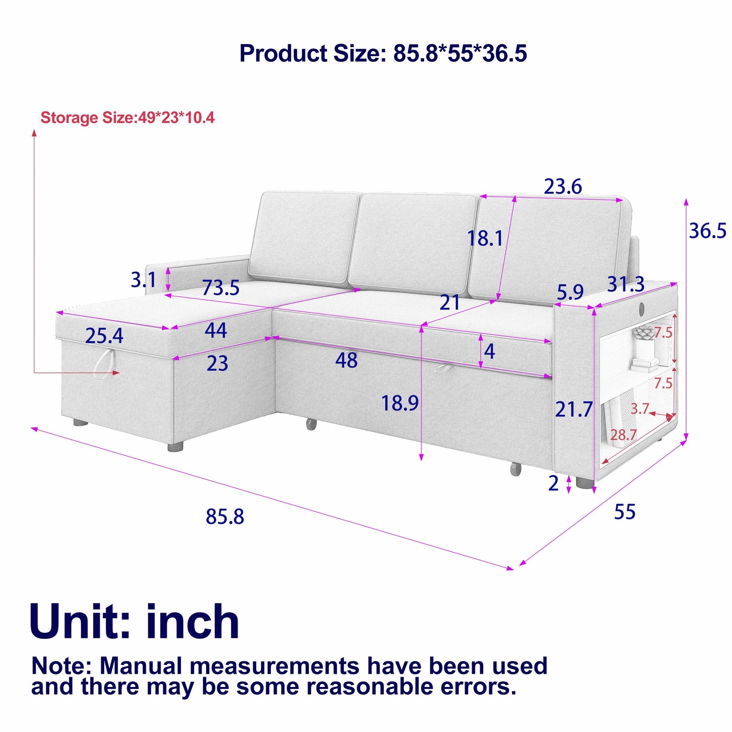 85.8" Pull Out Sleeper Sofa L-Shaped Couch Convertible Sofa Bed With Storage Chaise and Storage Racks,With USB Port