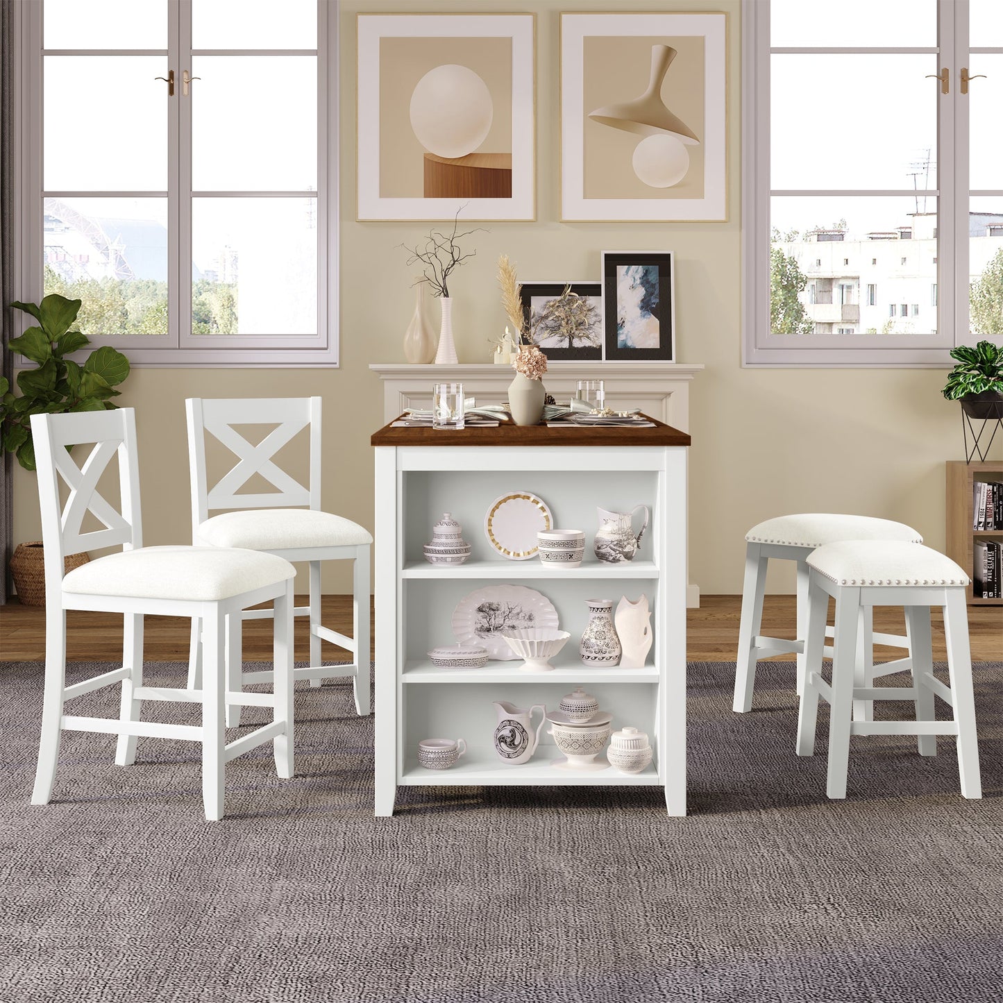 5 Pieces Counter Height Rustic Farmhouse Dining Room Wooden Bar Table Set With 2 Stools and 2 Chairs, White