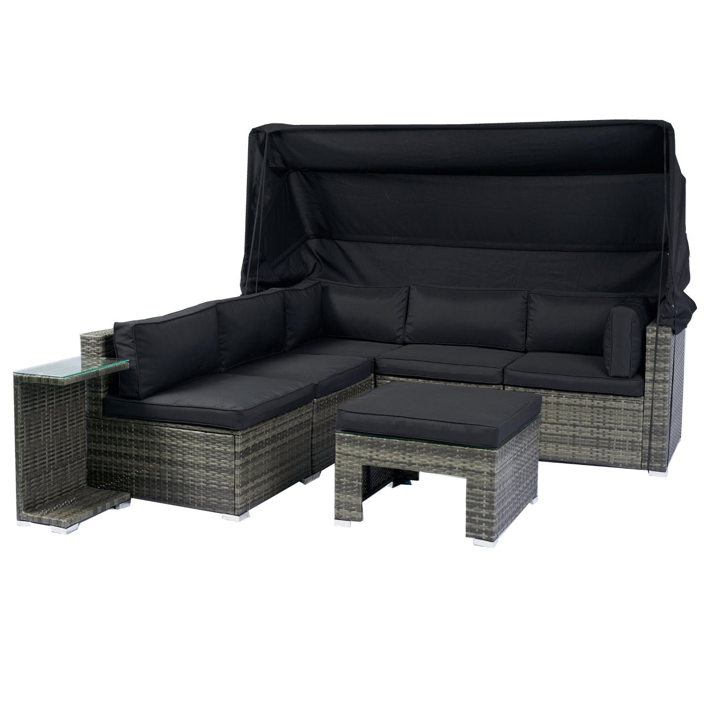 7-Piece Patio Furniture Set W/Retractable Canopy Wicker Rattan Sectional Sofa Set Patio Furniture With Washable Cushions