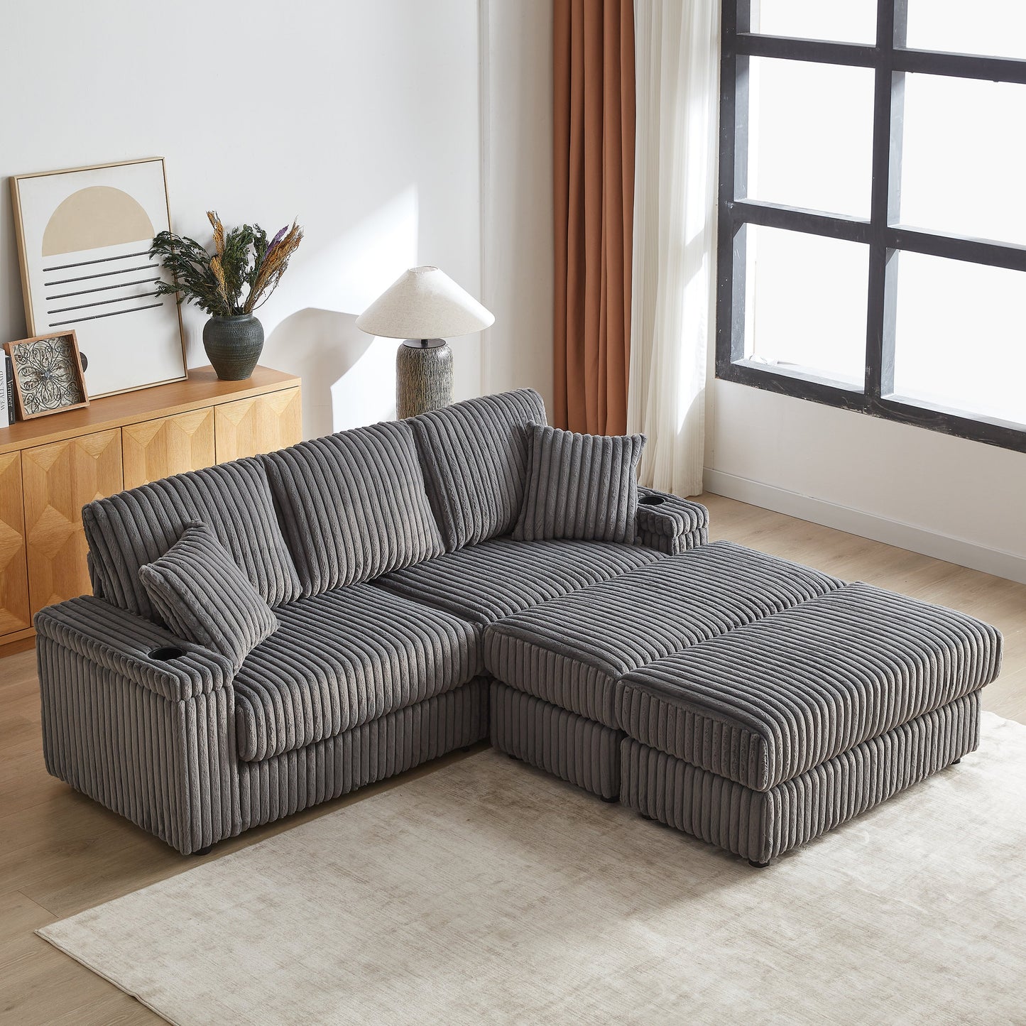 84Inch Corduroy 3-Seater Sofa With 3 Back Pillows ,2 Toss Pillows , a Ottoman ,2storage Spaces and Cup-Holding Grooves