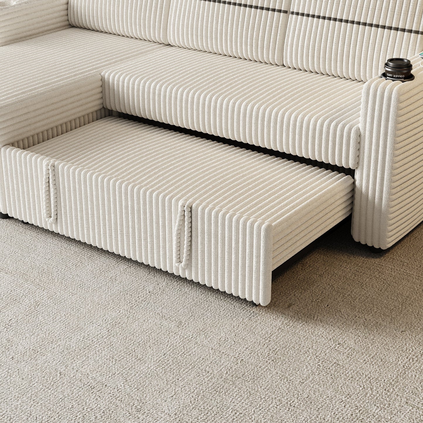 85 Inches Corduroy Sofa Bed, 3 Seater Sleeper Sofa With Storage Chaise, Square Handrail With Two Cup-Holder and USB Charger