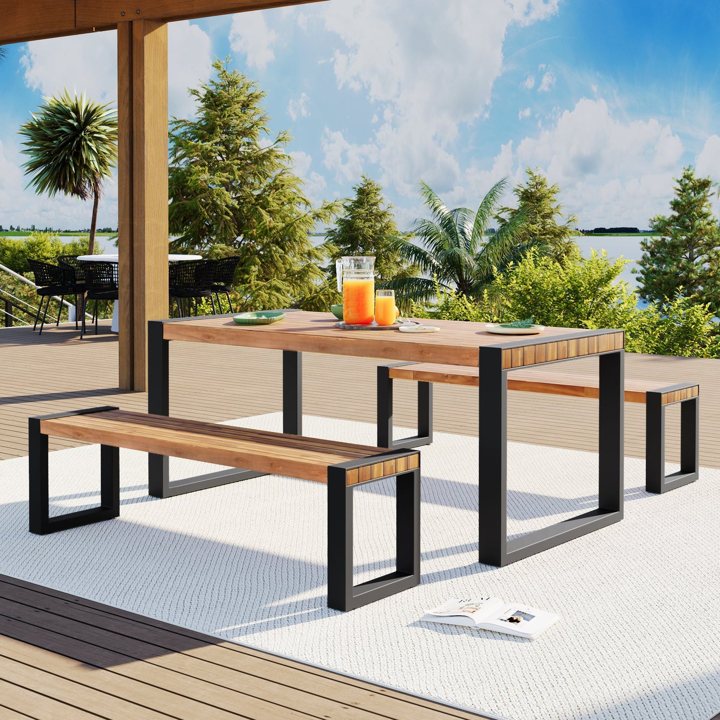 3-Pieces Outdoor Dining Table With 2 Benches, Patio Dining Set With Unique Top Texture, Acacia Wood Top & Steel Frame