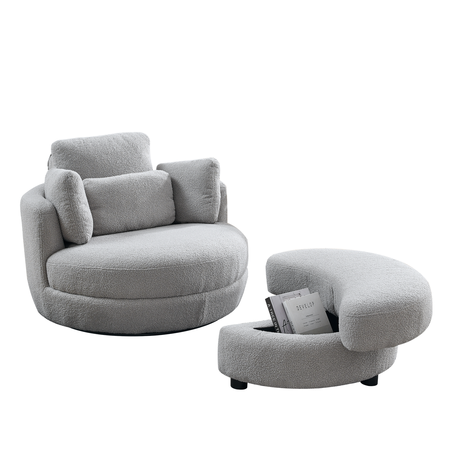 39"W Oversized Swivel Chair With Moon Storage Ottoman for Living Room, Modern Accent Round Loveseat Circle