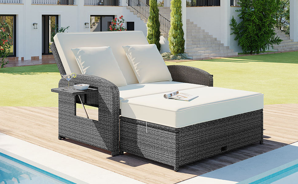 PE Wicker Rattan Double Chaise Lounge, 2-Person Reclining Daybed With Adjustable Back and Cushions