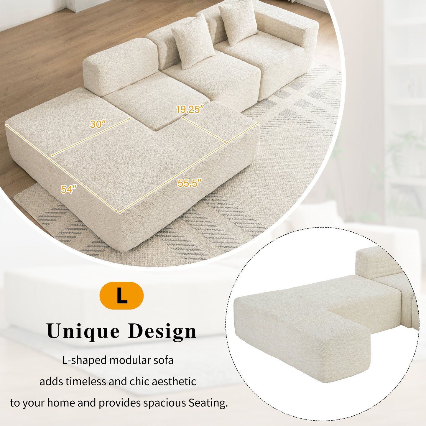 116.5" Sectional Sofa Full-Compressed Sofa Couch Free-Combined Sofa for Living Room, Beige