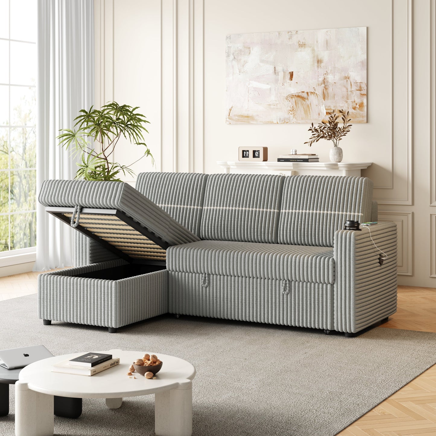 85 Inches Corduroy Sofa Bed, 3 Seater Sleeper Sofa With Storage Chaise, Square Handrail With Two Cup-Holder and USB Charger