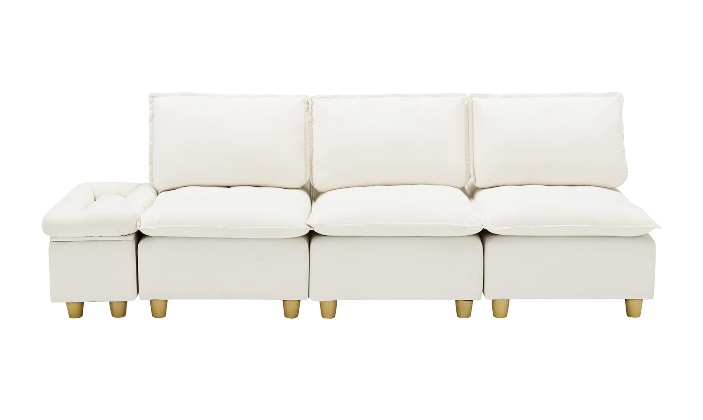 104-Inch Fashionable and Minimalist Straight-Row Three-Seater Off-White Flannel Sofa With a Storage Compartment, Cup Holder