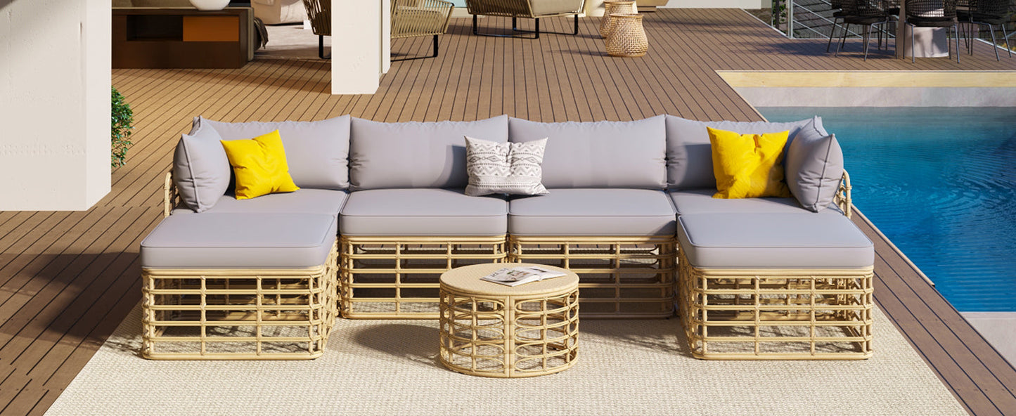 7 Pieces Outdoor Patio Furniture, All-Weather Rattan Sectional Sofa Set With Thick Cushions and Pillows, Freely Combined