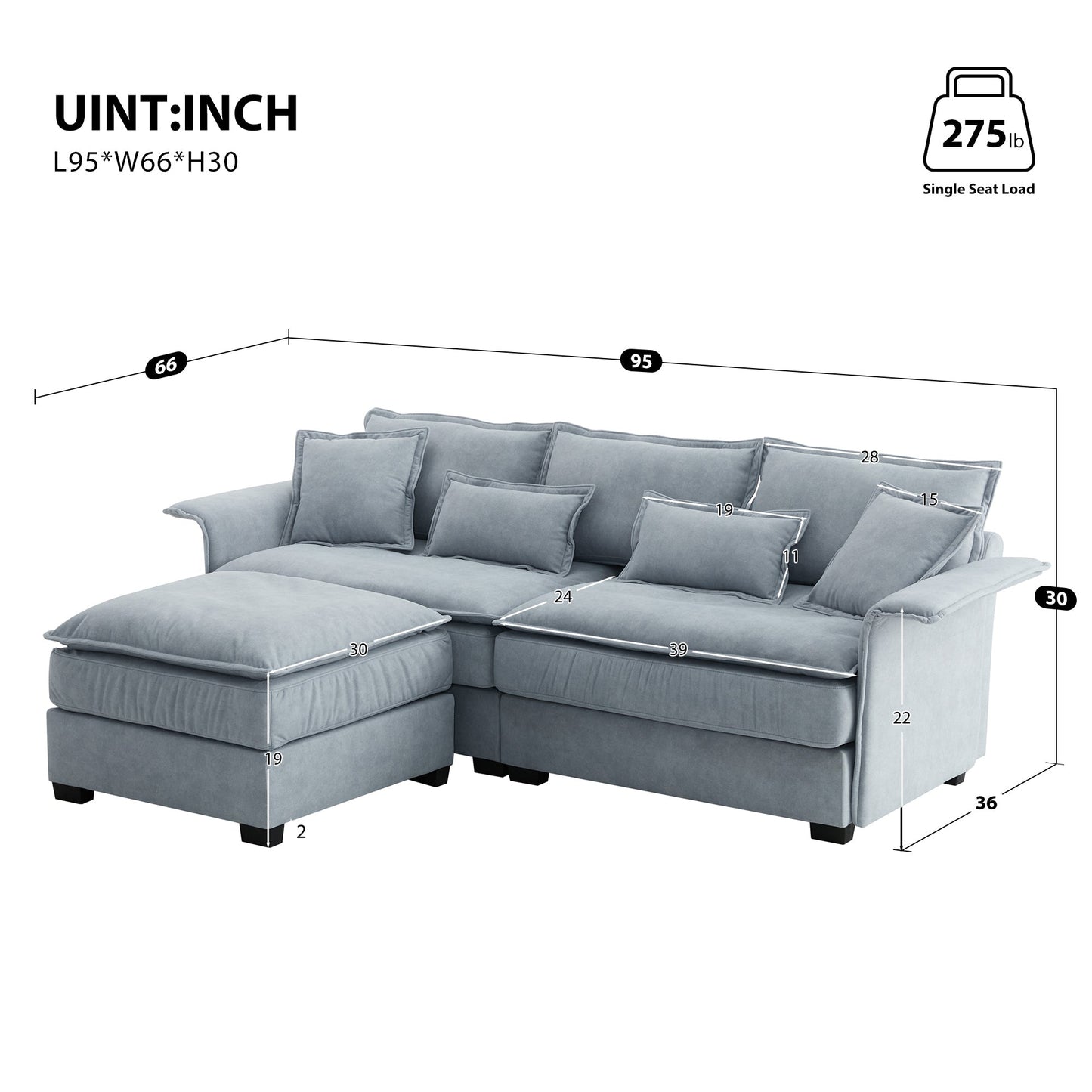 95*66"Oversized Luxury Sectional Sofa With Bentwood Armrests,4 Seat Upholstered Indoor Furniture With Double Cushions