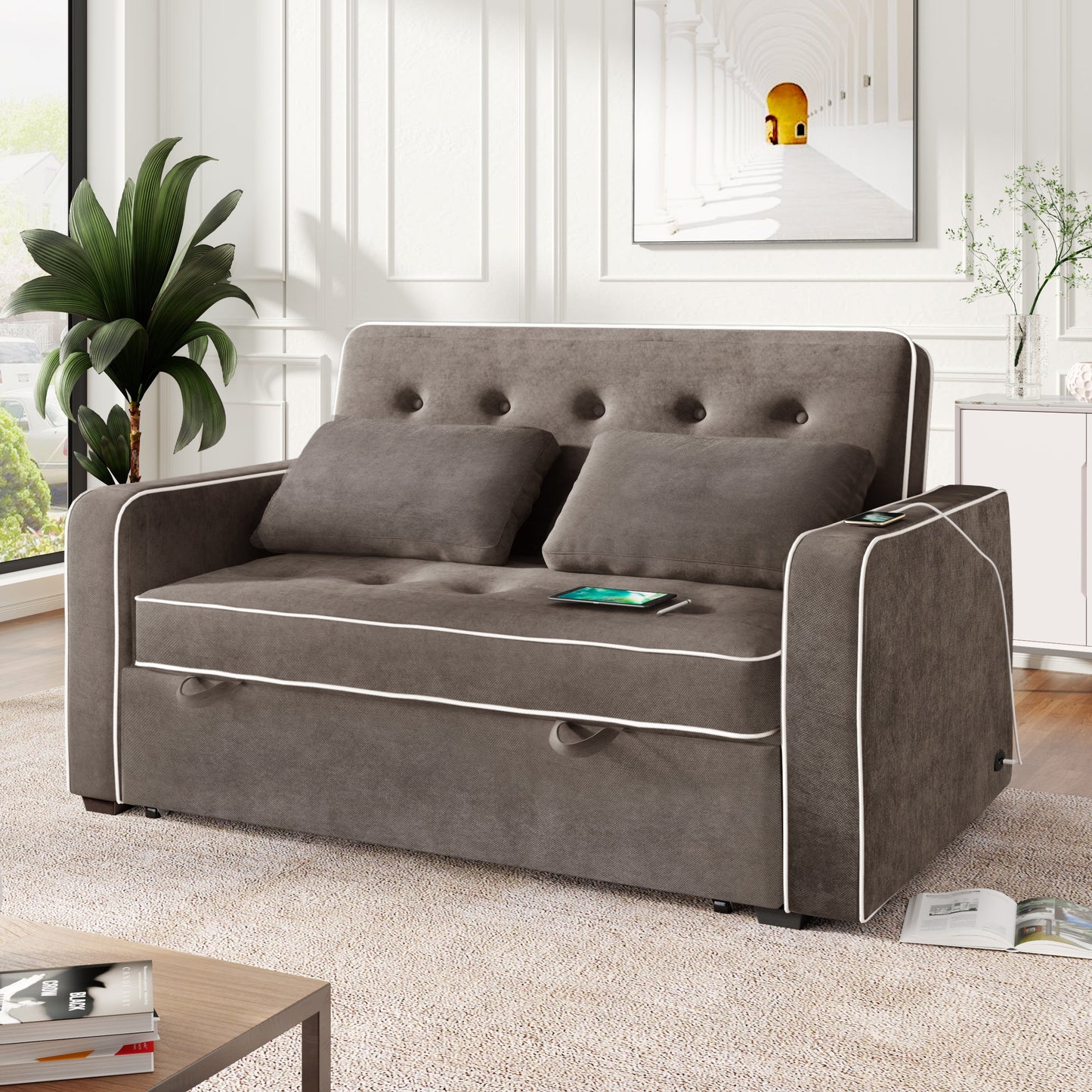 65.7" Linen Upholstered Sleeper Bed , Pull Out Sofa Bed Couch Attached Two Throw Pillows,Dual USB Charging Port