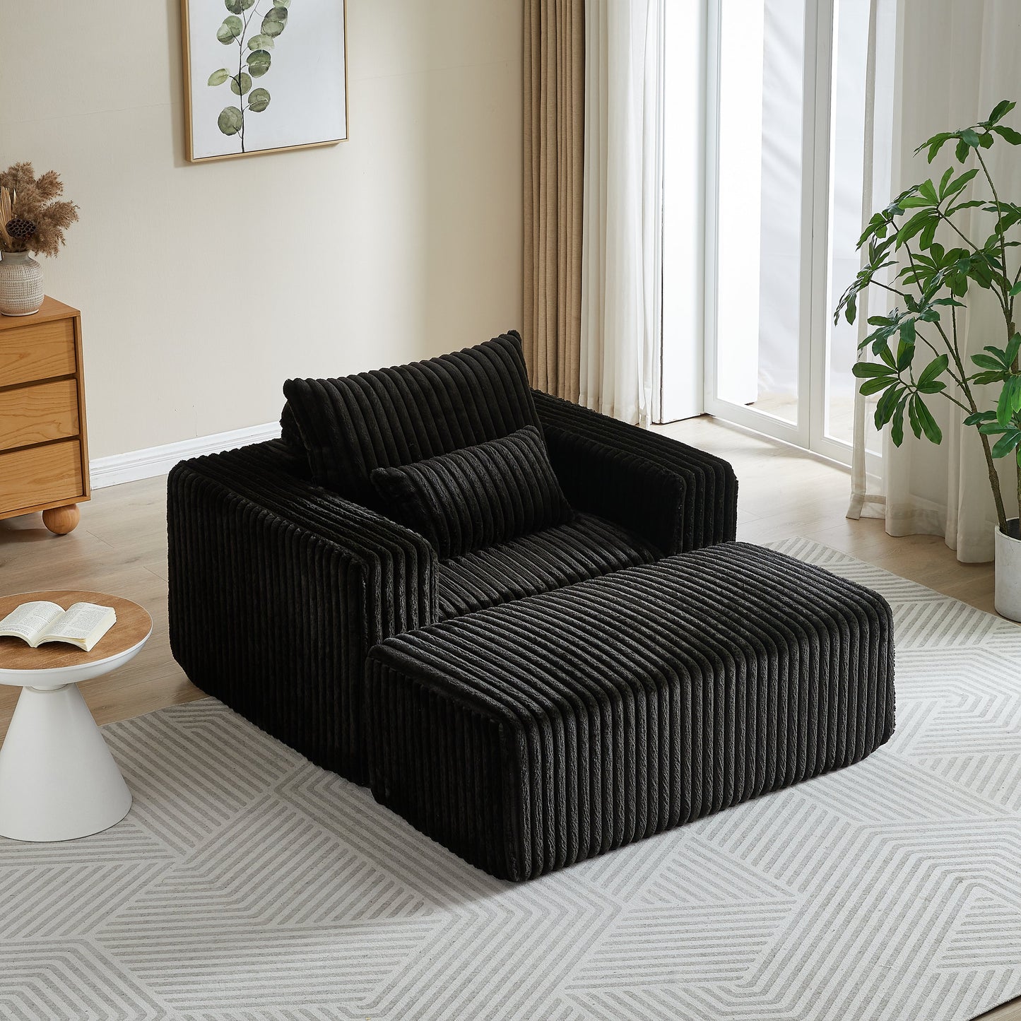 62.5-Inch Corduroy Sponge Sofa Lounge Chair With Removable Footrest,No Assembly Required,Fluffy Modern Sleeper Chair