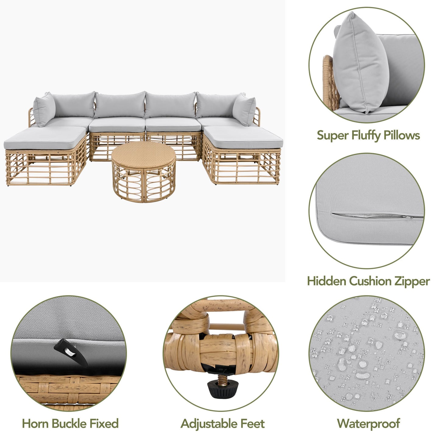 7 Pieces Outdoor Patio Furniture, All-Weather Rattan Sectional Sofa Set With Thick Cushions and Pillows, Freely Combined