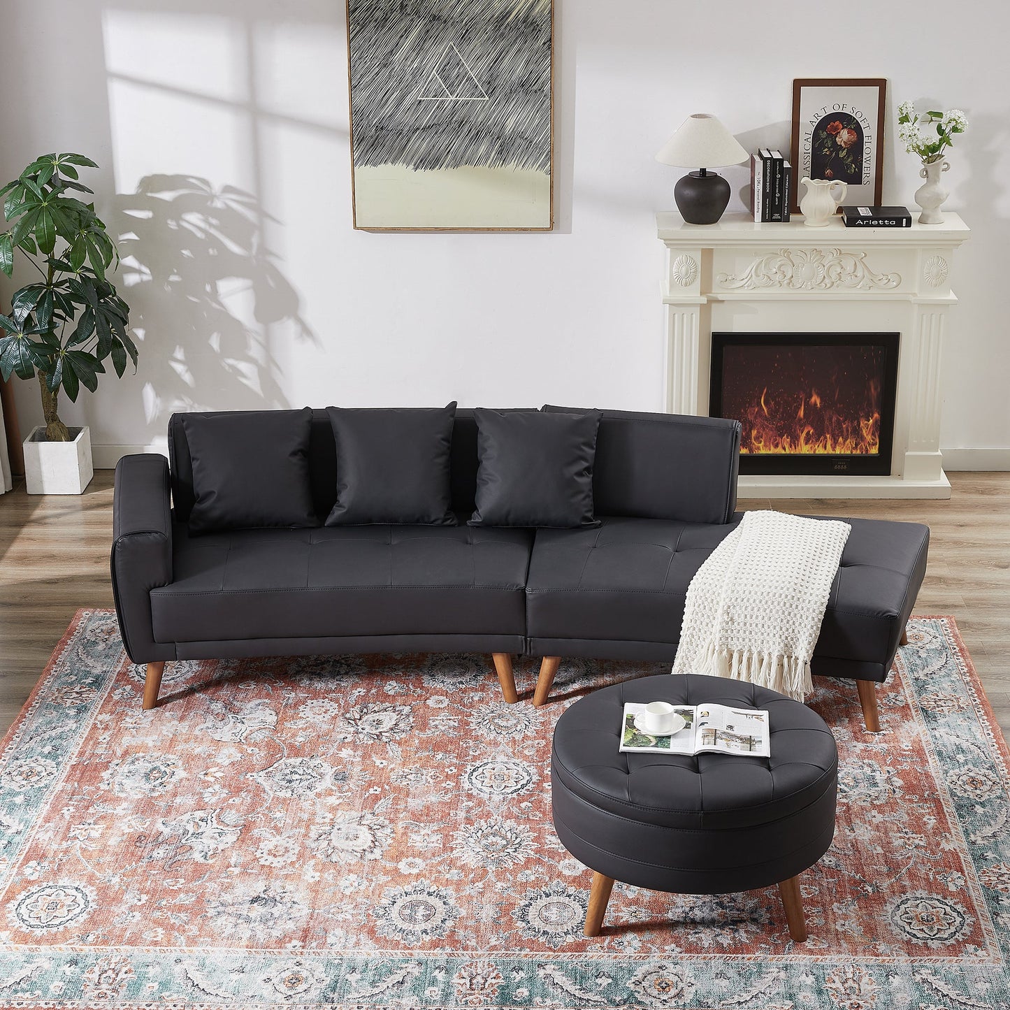 107" Contemporary Sofa Stylish Sofa Couch With a Round Storage Ottoman and Three Removable Pillows for Living Room, Black
