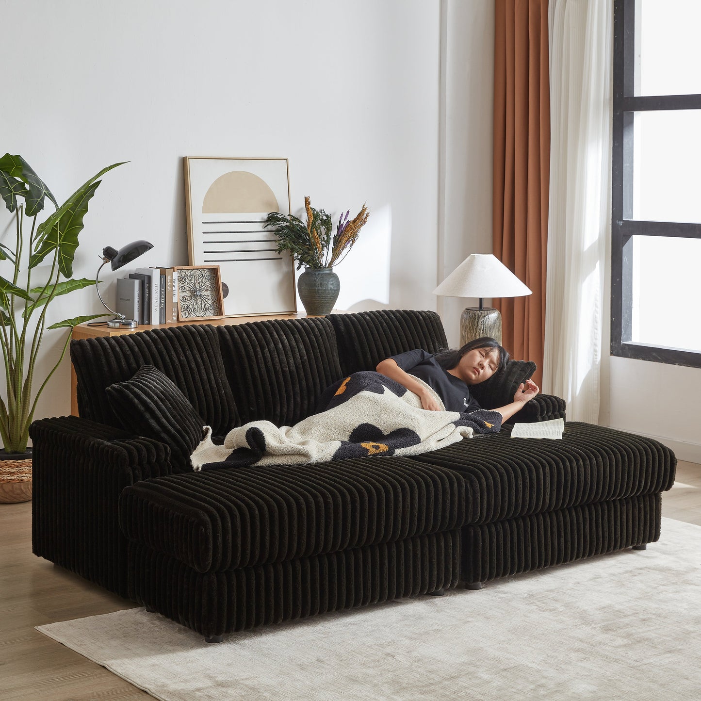 84Inch Corduroy 3-Seater Sofa With 3 Back Pillows ,2 Toss Pillows , a Ottoman ,2storage Spaces and Cup-Holding Grooves