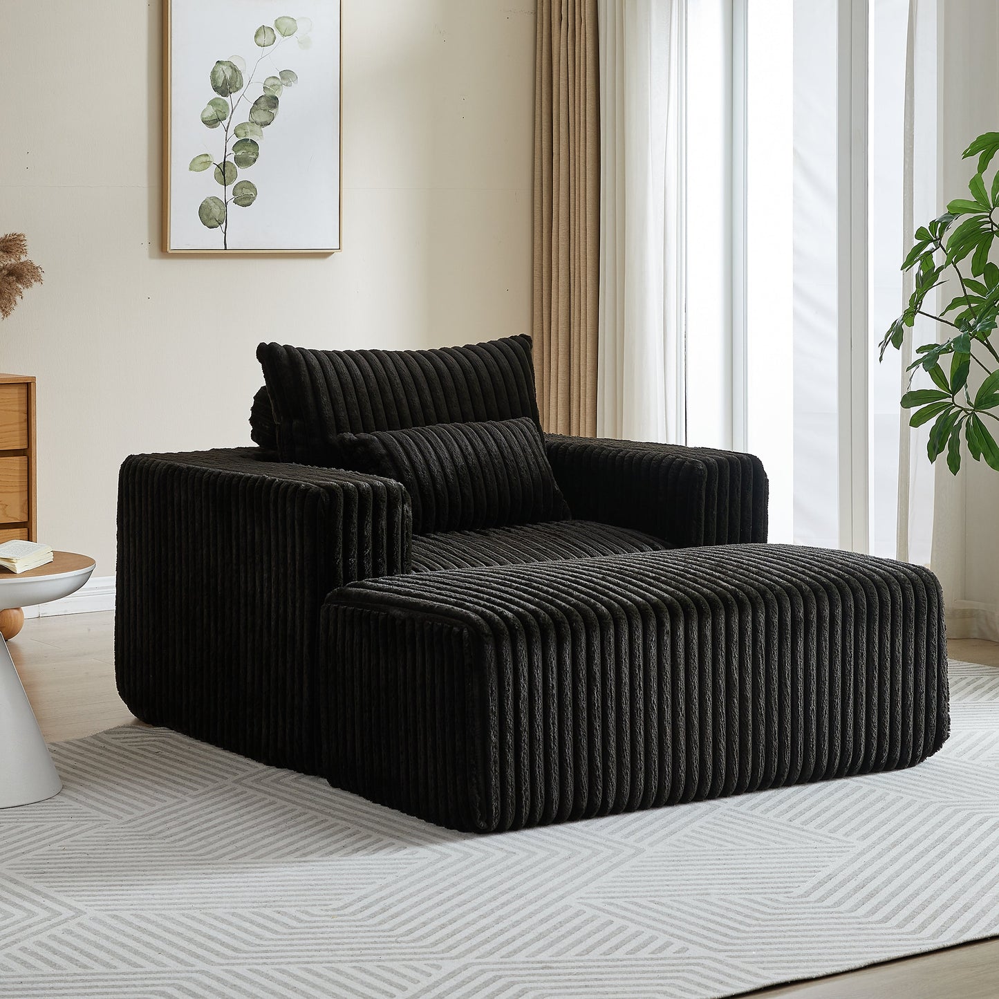62.5-Inch Corduroy Sponge Sofa Lounge Chair With Removable Footrest,No Assembly Required,Fluffy Modern Sleeper Chair