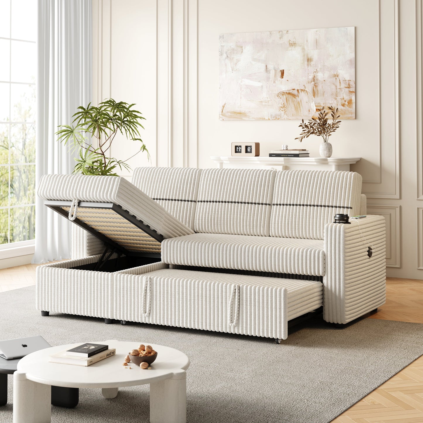 85 Inches Corduroy Sofa Bed, 3 Seater Sleeper Sofa With Storage Chaise, Square Handrail With Two Cup-Holder and USB Charger