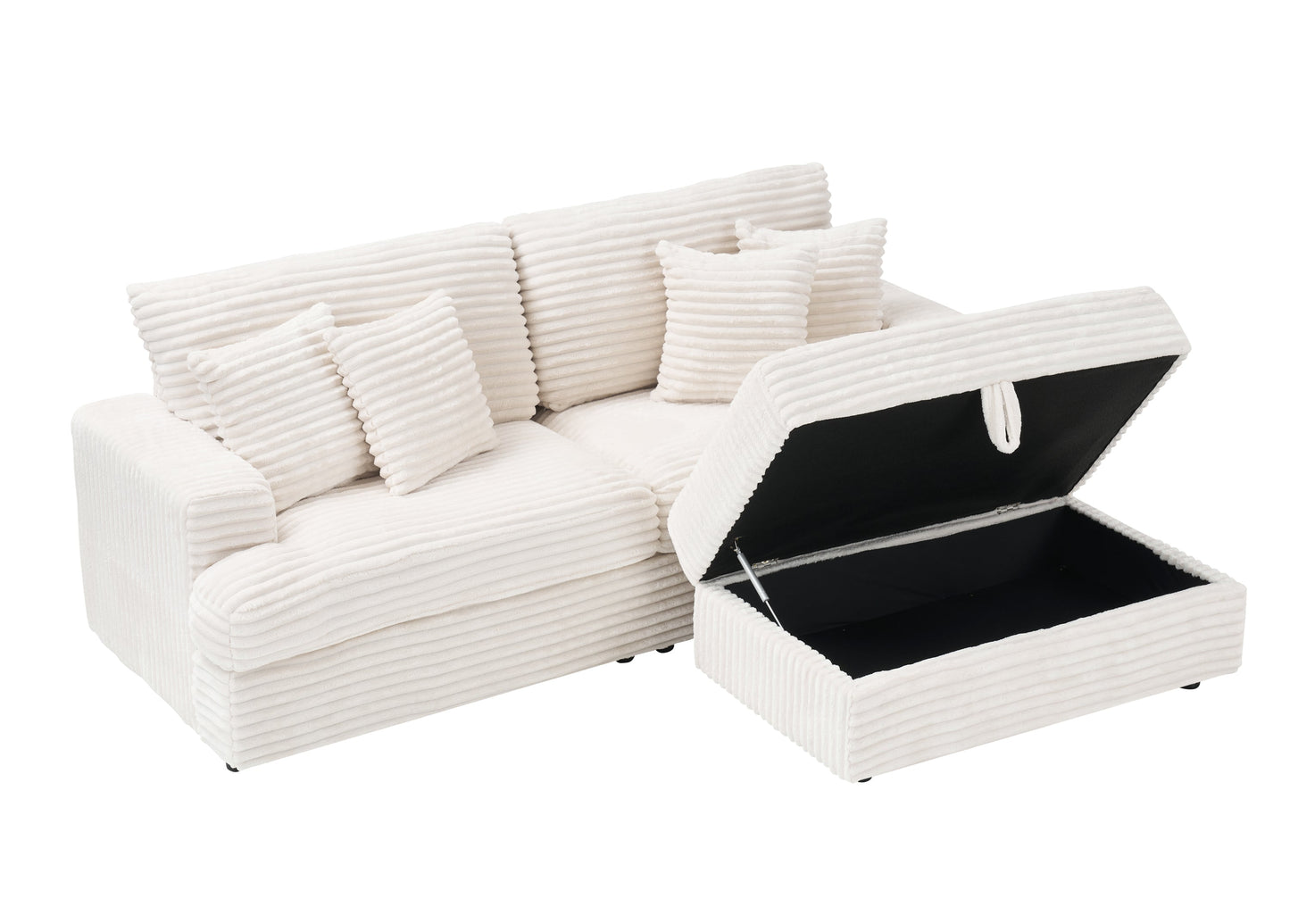 82 Inches White Corduroy Sofa, Storage Feet +4 Throw Pillows, Create a Living Room, Office Fashion New Darling