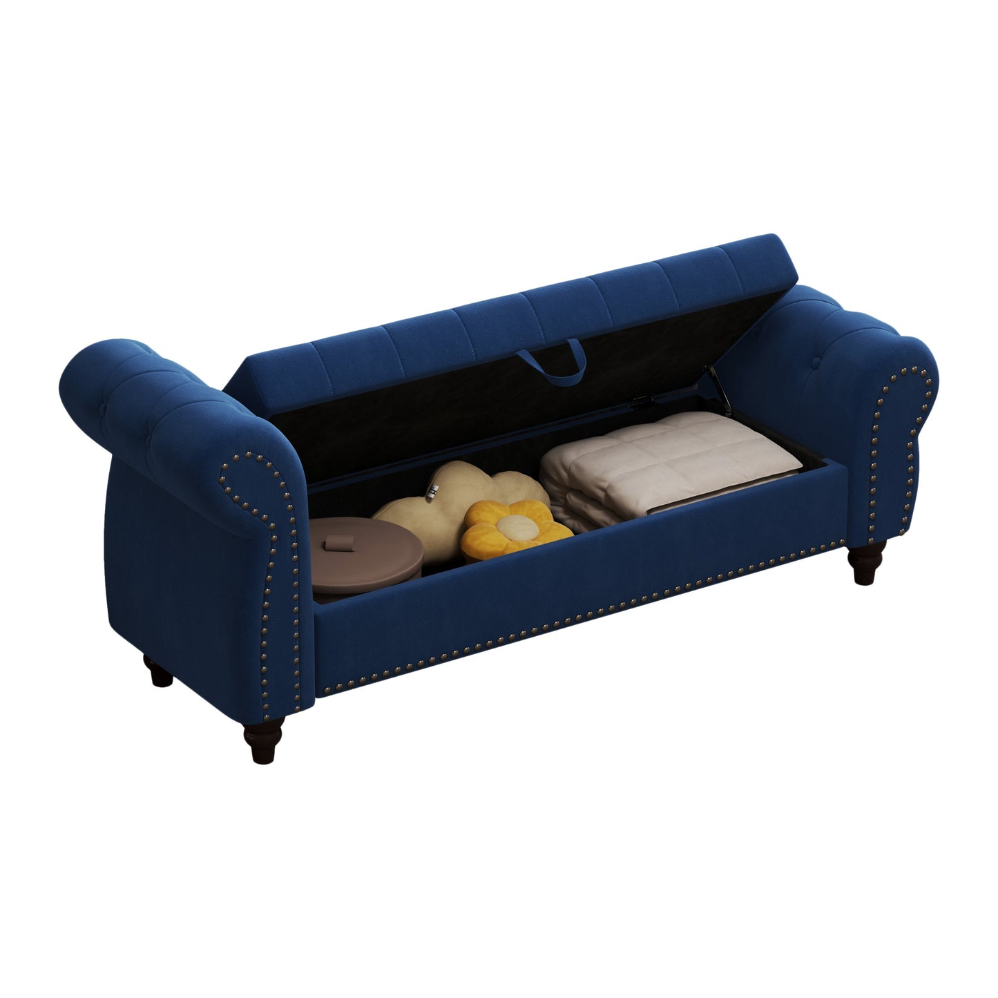 64.5" Bed Bench for Bed Room Nails Tufted Chaise of Lounge With Storage Velvet Upholstery Navy Blue