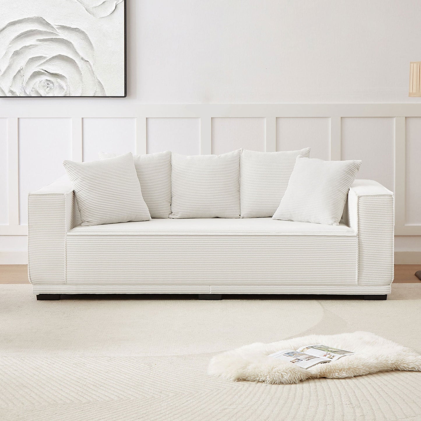 88.97'' Mid Century Modern Upholstered Sofa With 5 Matching Toss Pillows, Including Bottom Frame,Comfy Couches